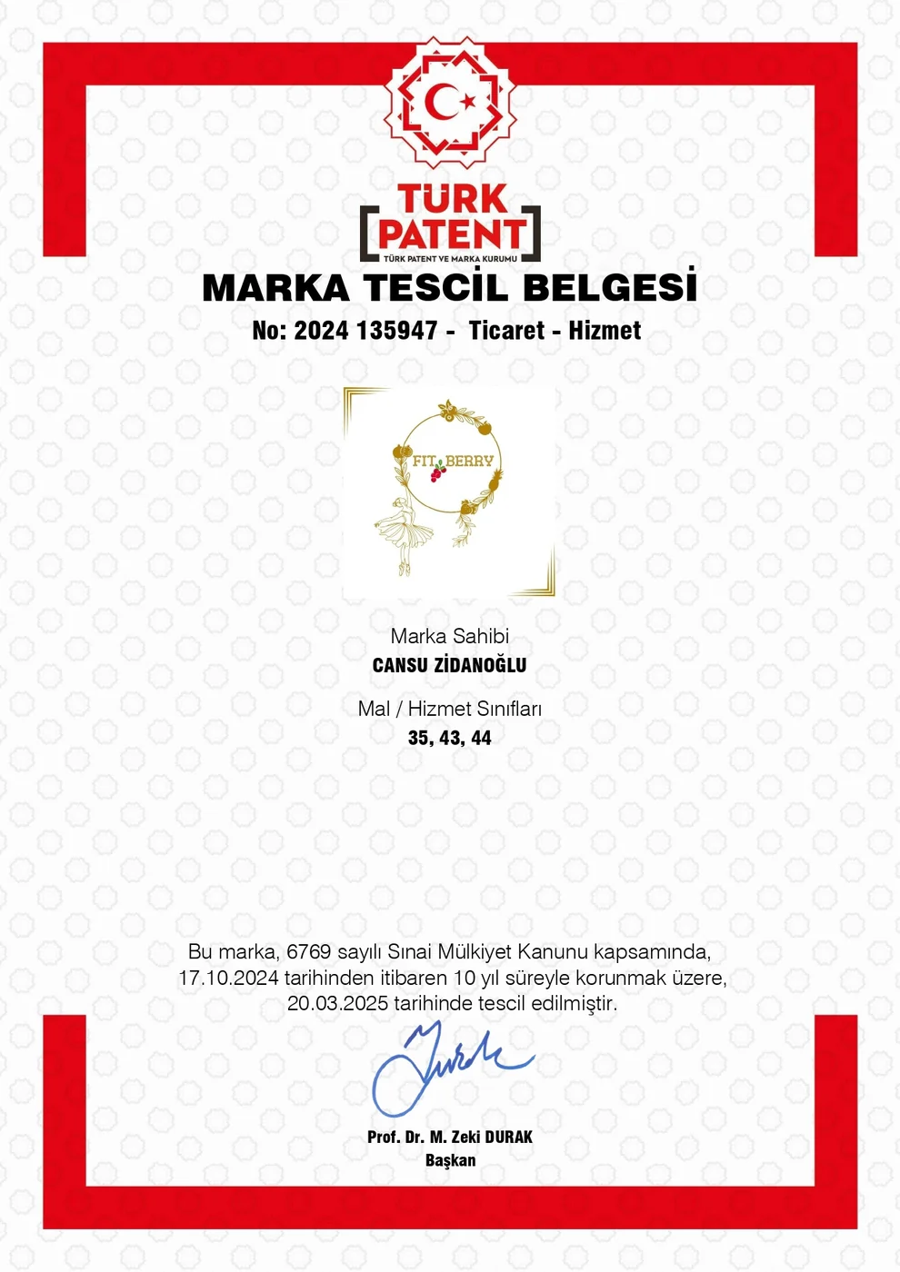 Fit Berry marka tescil belgesi